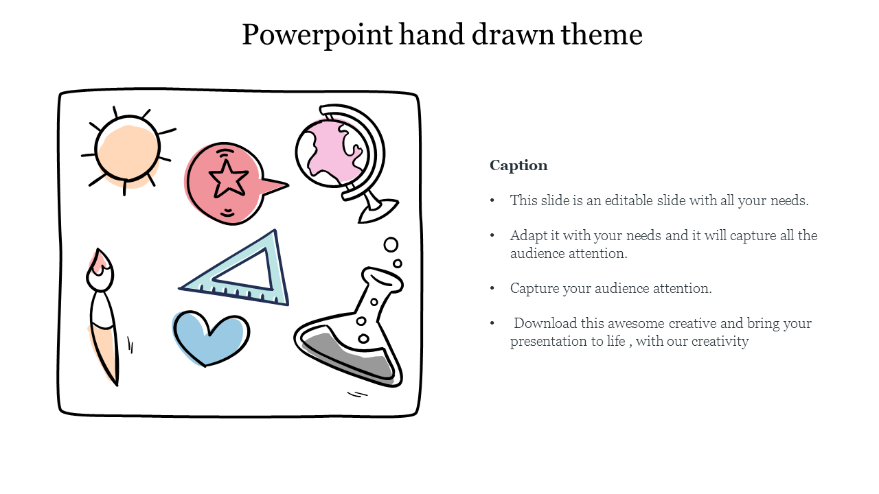 Hand drawn style PowerPoint slide featuring various doodle icons sun, star, globe, ruler, heart, paintbrush, and beaker.