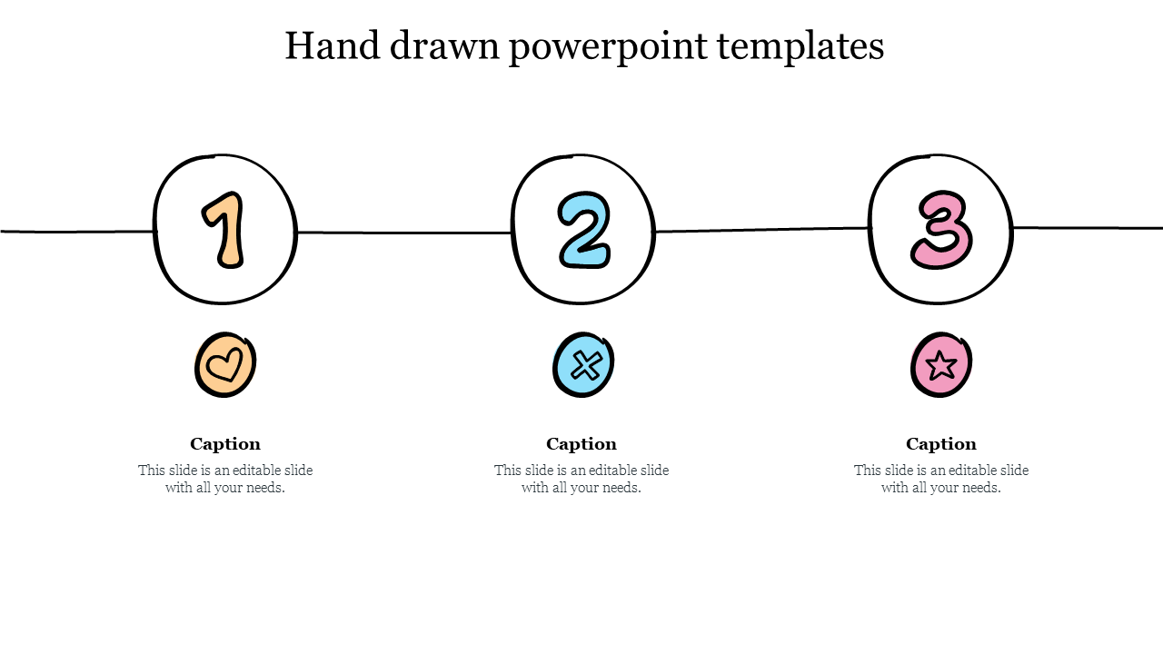 Horizontal line with three hand drawn circles numbered 1, 2, and 3, in yellow, blue, and pink, each with icons below.