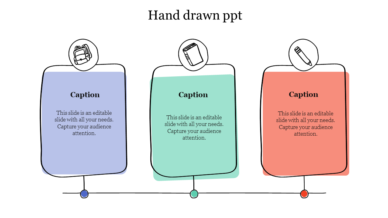 Three hand drawn boxes in pastel shades of purple, green, and red, each with an icon and caption, connected by a line.