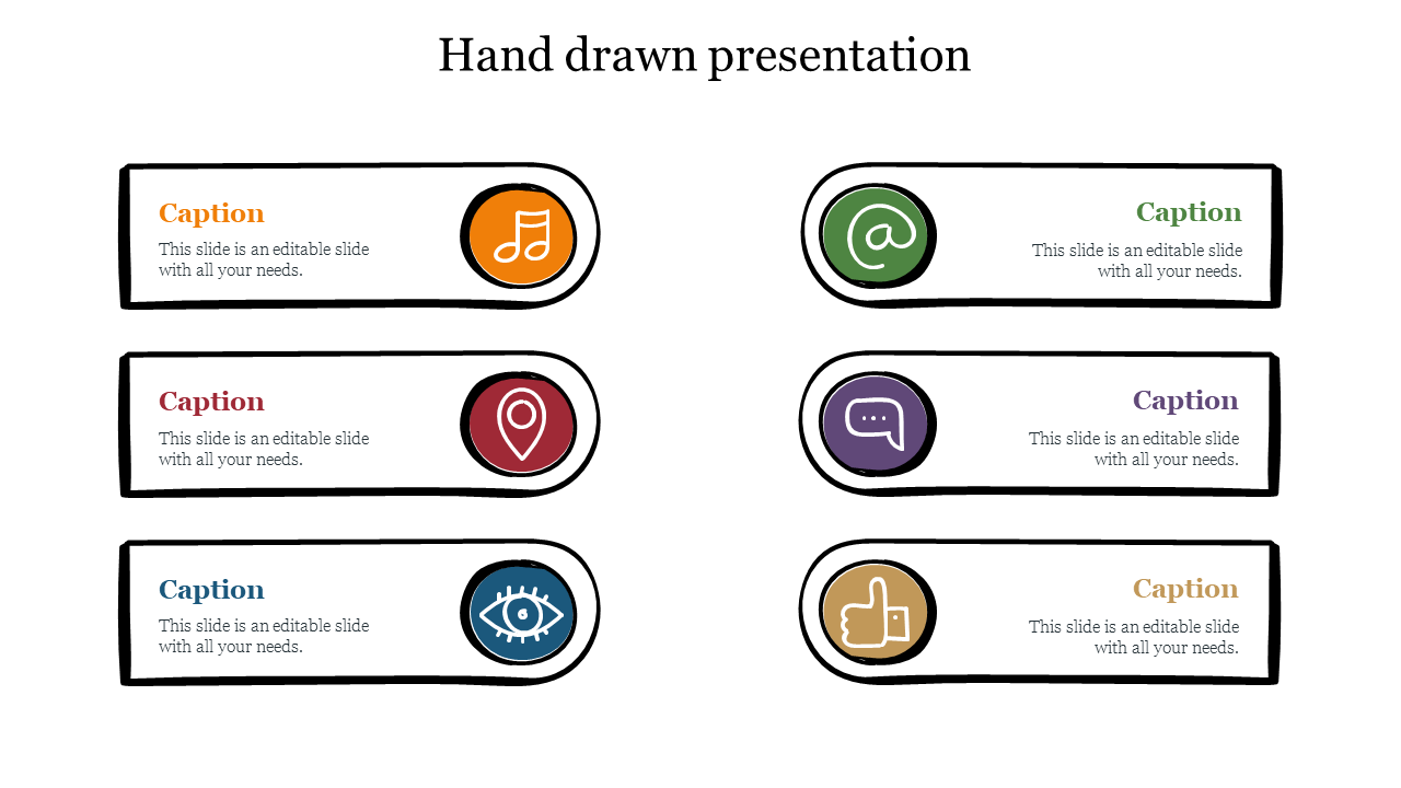 Hand drawn style PPT slide featuring icons for music note, email, location, chat bubble, eye, and thumbs up with captions.