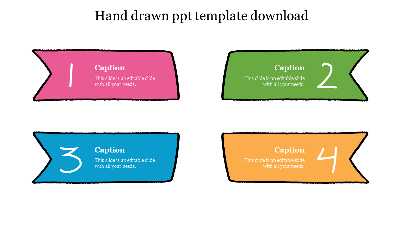 Slide with four hand-drawn ribbon shapes labeled 1 to 4 in pink, green, blue, and orange, each with a caption inside.