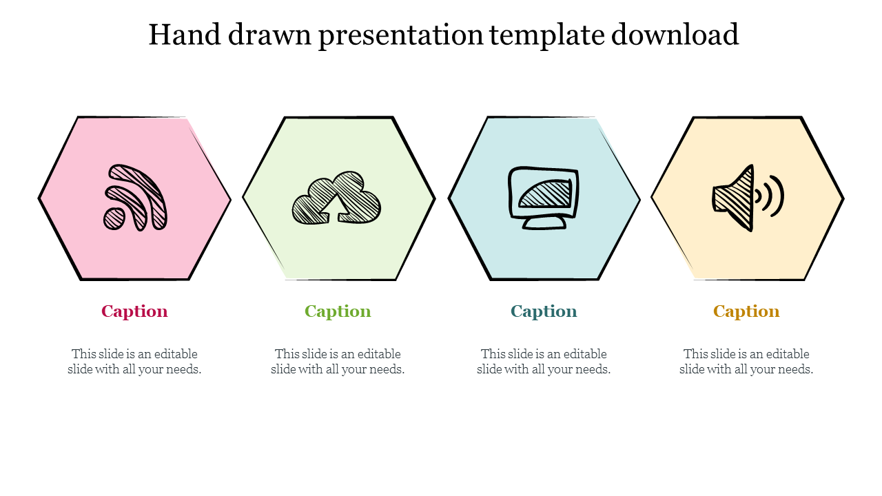 Hand drawn slide with four pastel hexagons in pink, green, blue, and yellow, each containing an icon and a caption below.