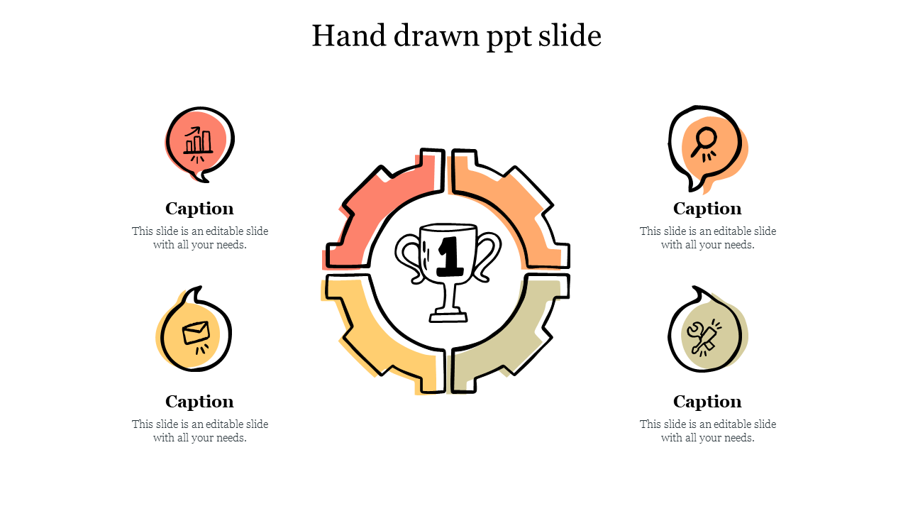 A hand-drawn slide featuring a central trophy icon surrounded by four colorful gear icons, with caption areas.