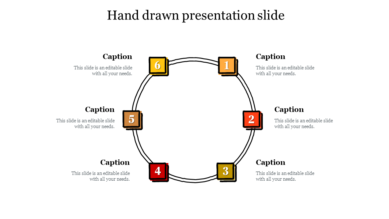 Hand drawn style PowerPoint slide featuring numbered sections in a circular layout, with space for captions.