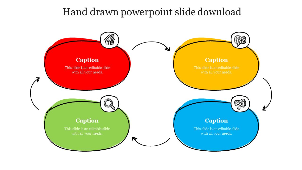 Hand drawn slide with four colorful oval shapes in red, yellow, blue, and green, connected by curved arrows.