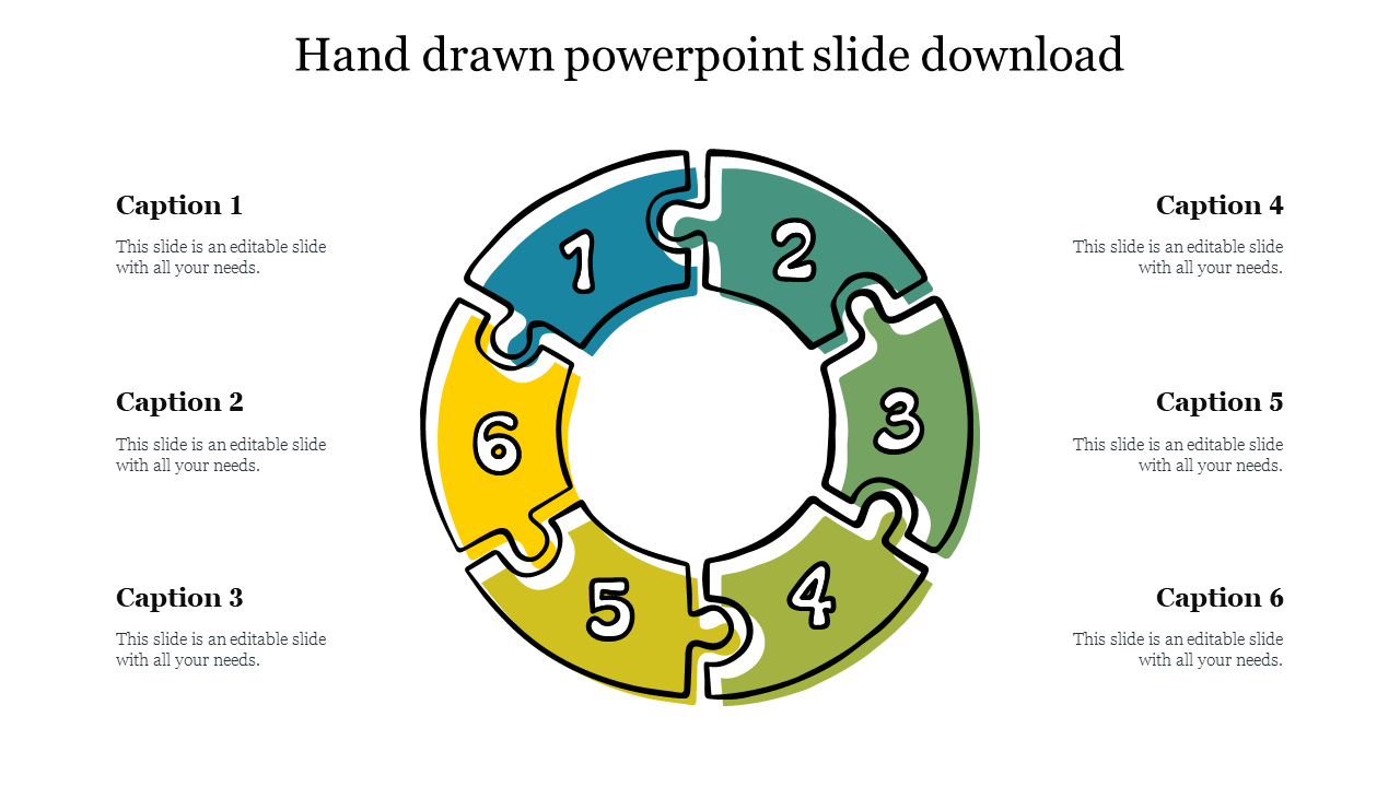 Circular hand drawn puzzle diagram with six colored segments in blue, green, yellow, and teal shades, numbered 1 to 6.