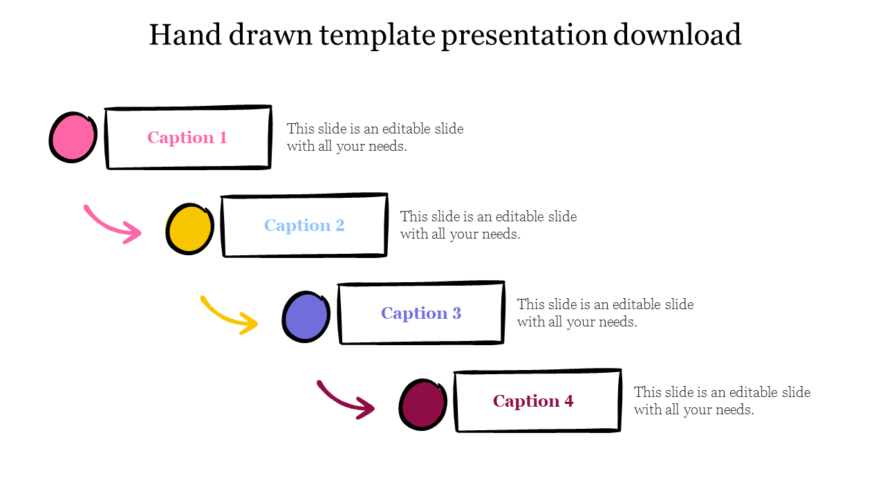 PowerPoint template with a hand drawn flow diagram featuring colorful circles and caption boxes in sequence.