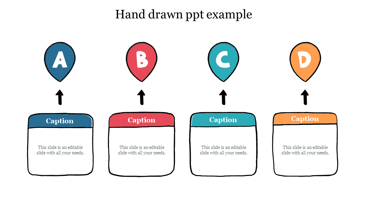 Hand drawn slide showing four balloons in blue, red, teal, and orange, each paired with corresponding caption boxes.