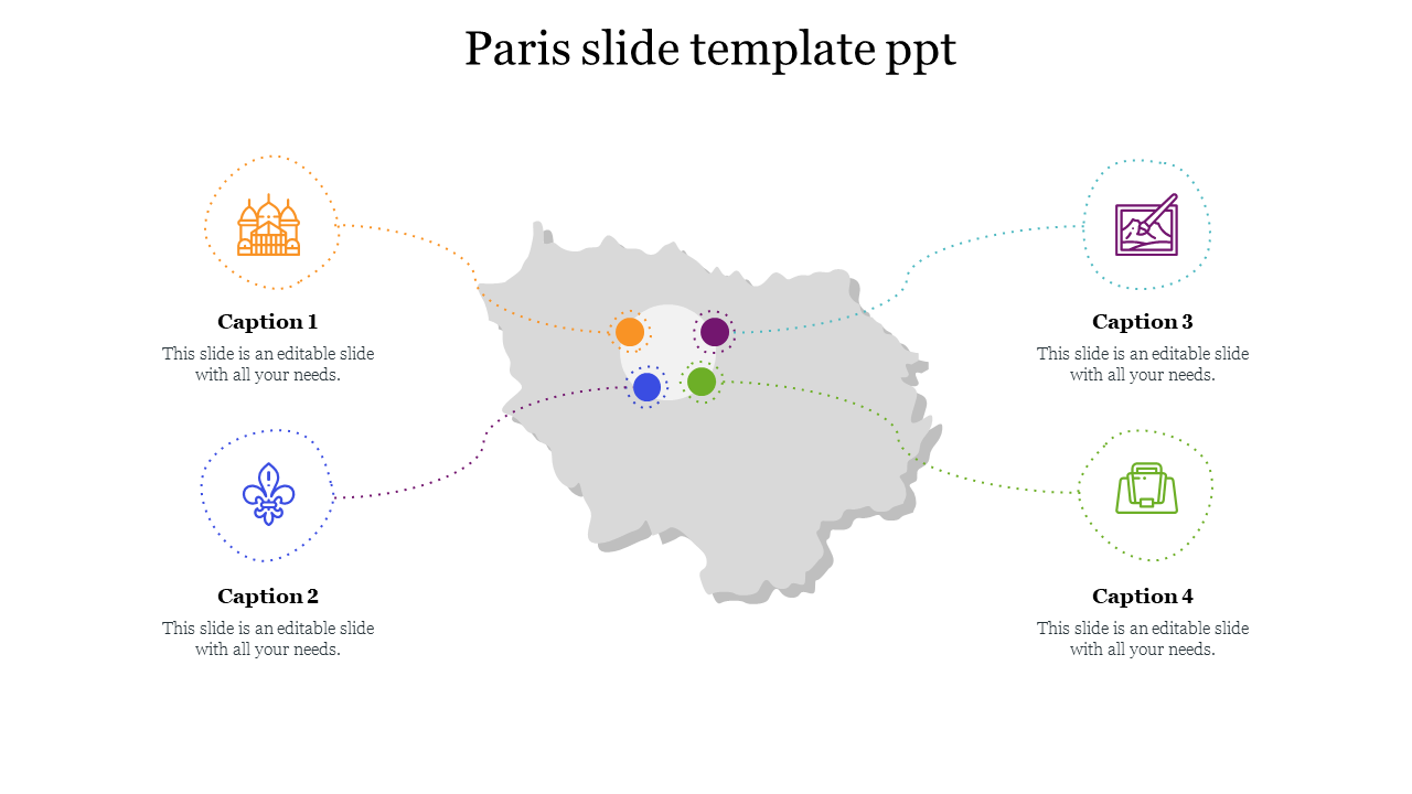 Paris map slide with four colorful sections for presenting information on various landmarks or topics with icons.