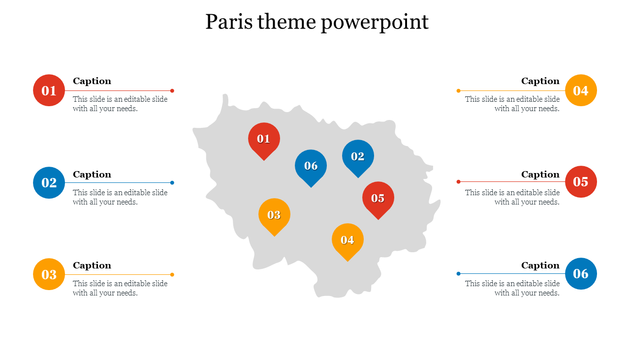 Paris themed PowerPoint template with numbered map markers and text sections on a white backdrop.