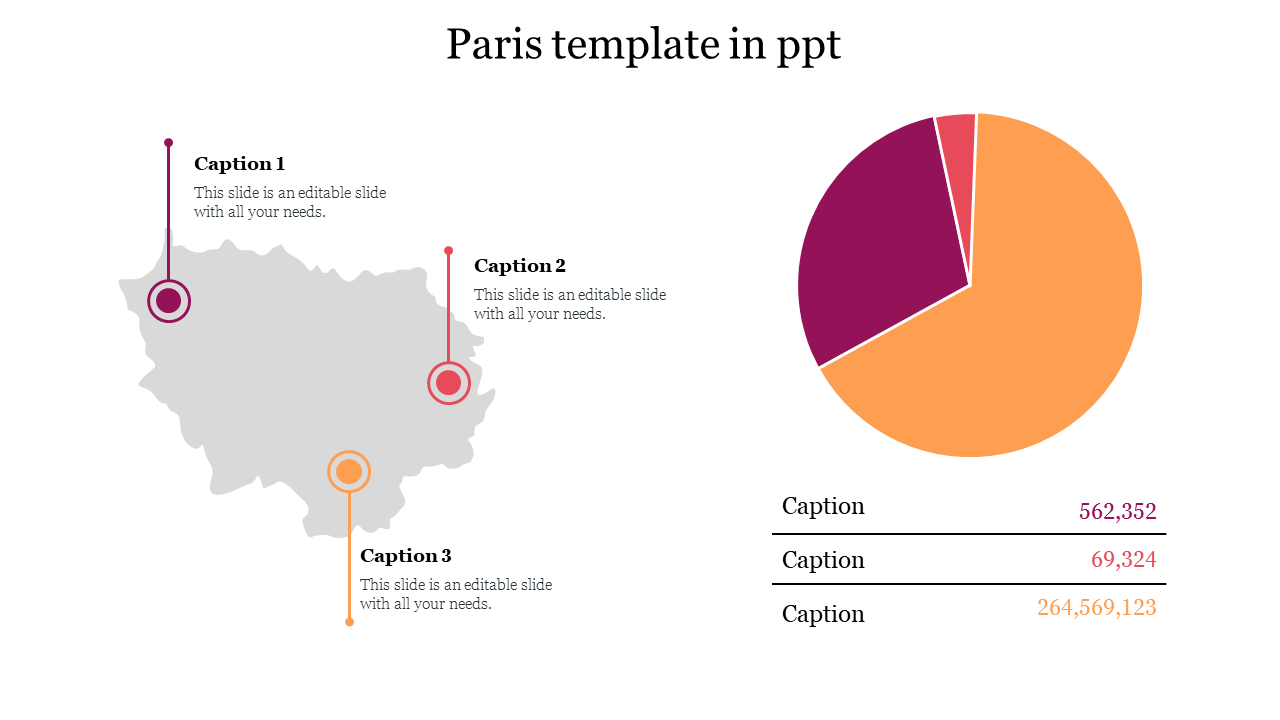 Paris-themed slide with a regional map, location markers, and a pie chart for data visualization.