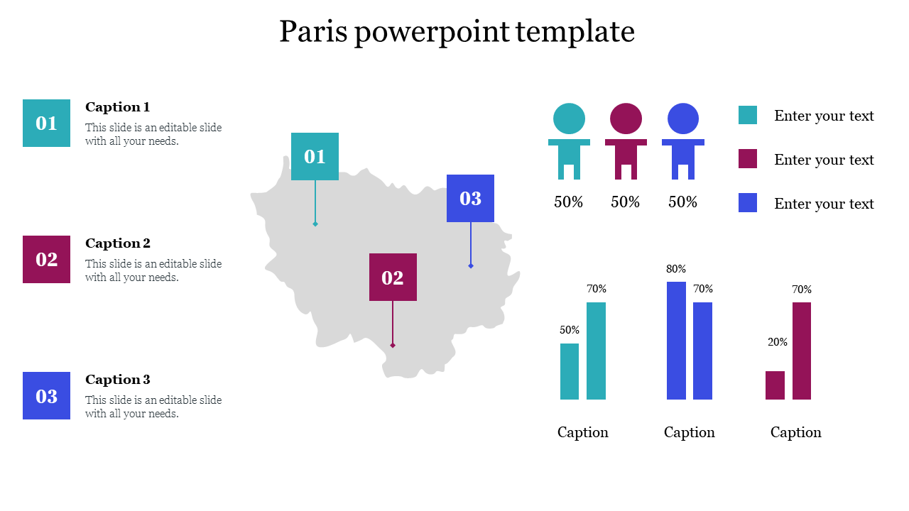 Paris PowerPoint template featuring a map with numbered markers, gender symbols, and comparison bar charts.