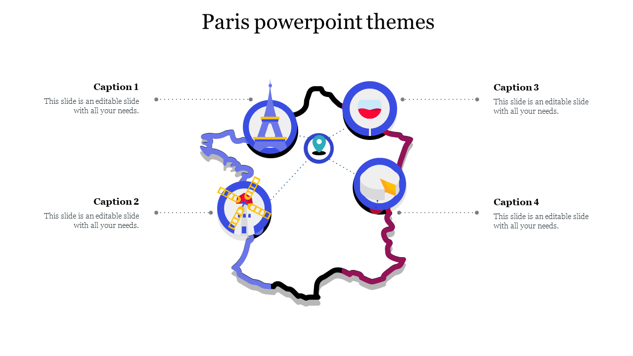 Paris-themed slide featuring icons of the Eiffel Tower, wine, a windmill, and a map pin on a colorful outline of France.