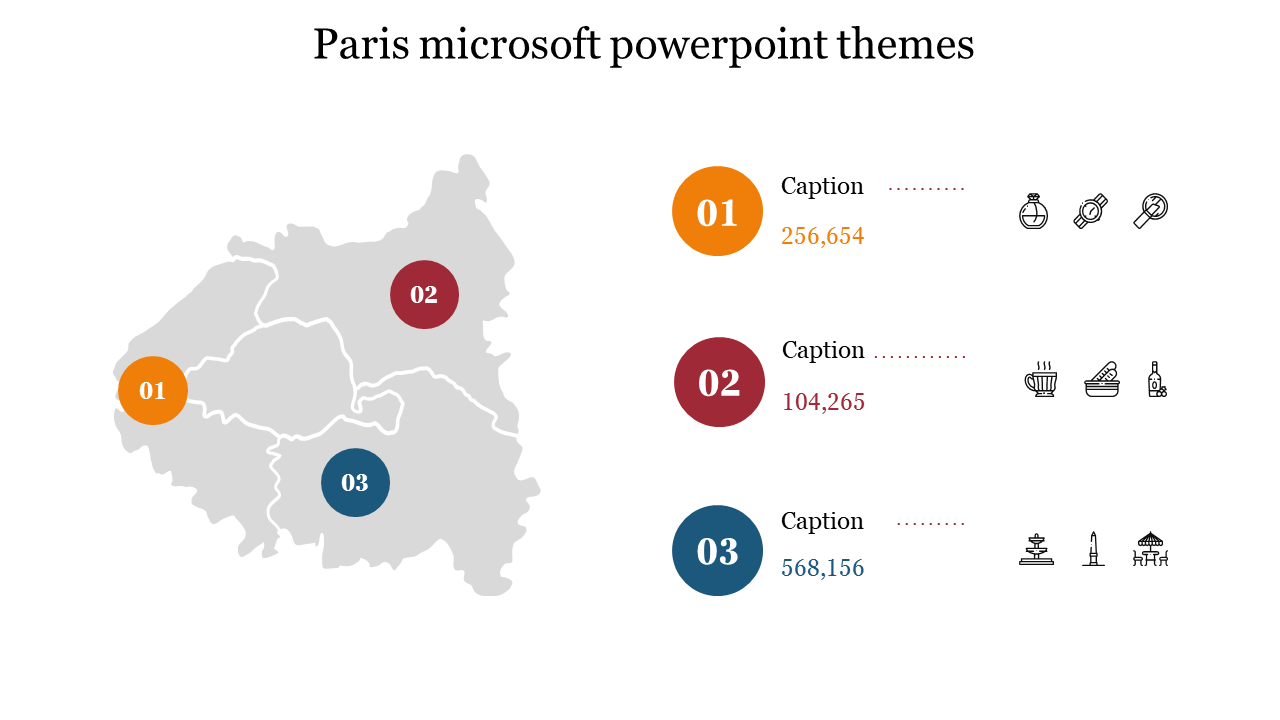 Gray map of Paris with three circular numbered markers in orange, red, and blue, each with captions, icons and data.