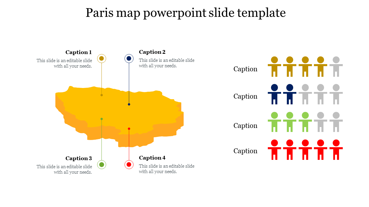 Paris map themed PowerPoint slide with color coded markers and demographic icons for data representation.