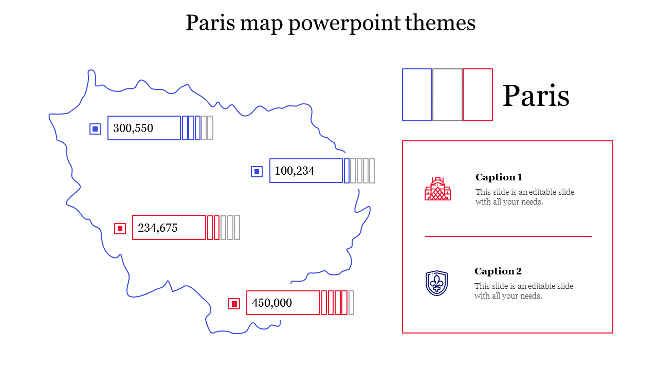 Outline of Paris map with blue and red data markers, a flag icon, and two caption boxes for additional details.