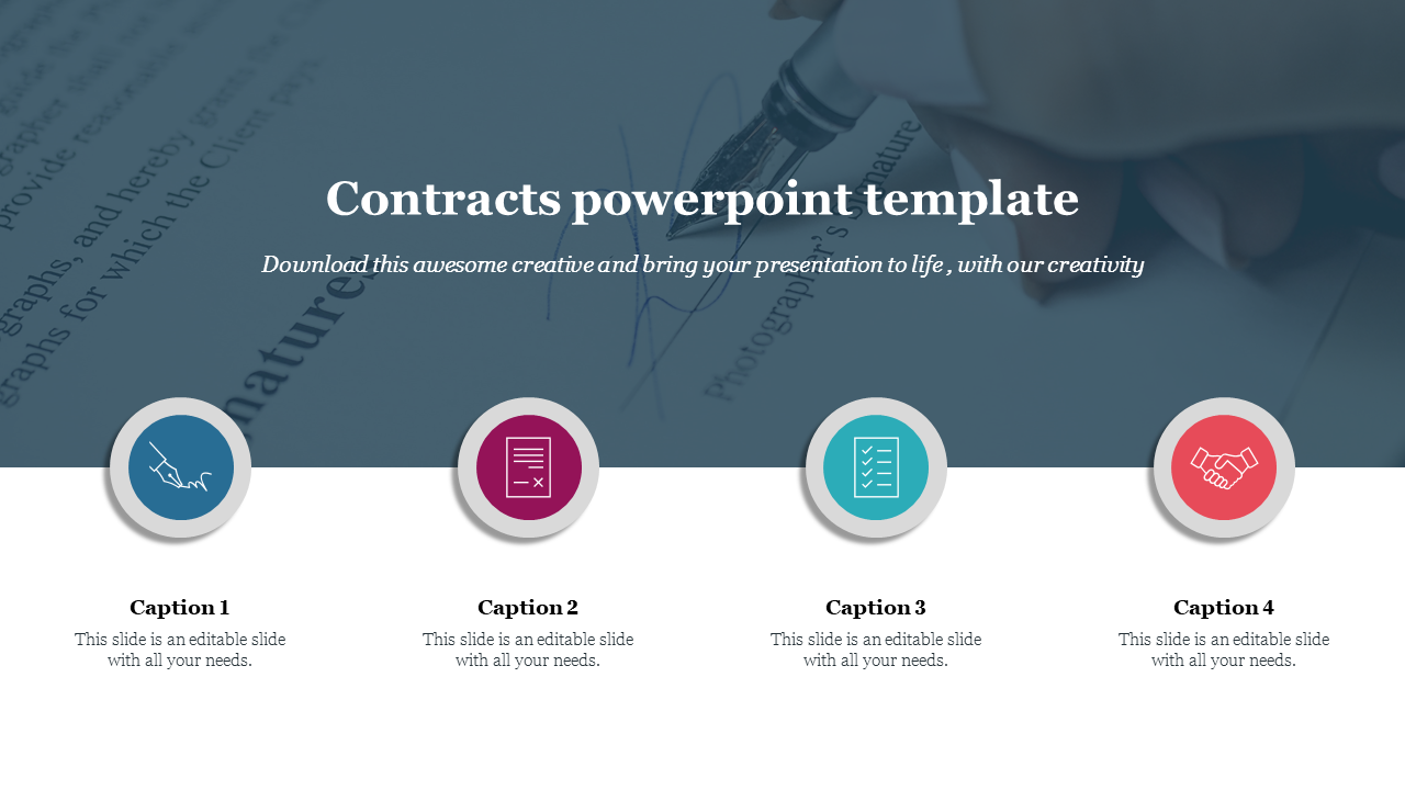 Contracts slide with four colored circular icons and captions on a blue gradient background.