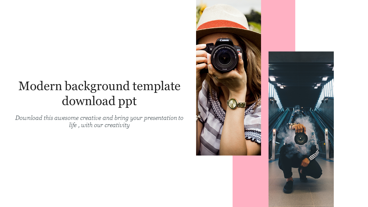 A modern PowerPoint slide with a creative photography theme, featuring two individuals holding cameras with placeholder text.