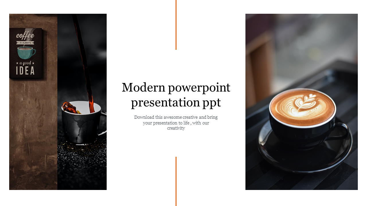 Modern slide featuring images of a dark coffee pour, a latte in a black cup, and a centered text layout in warm tones.