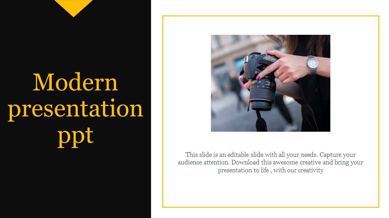 Creative PowerPoint slide with a modern design, featuring a close up of a person holding a camera with placeholder text.