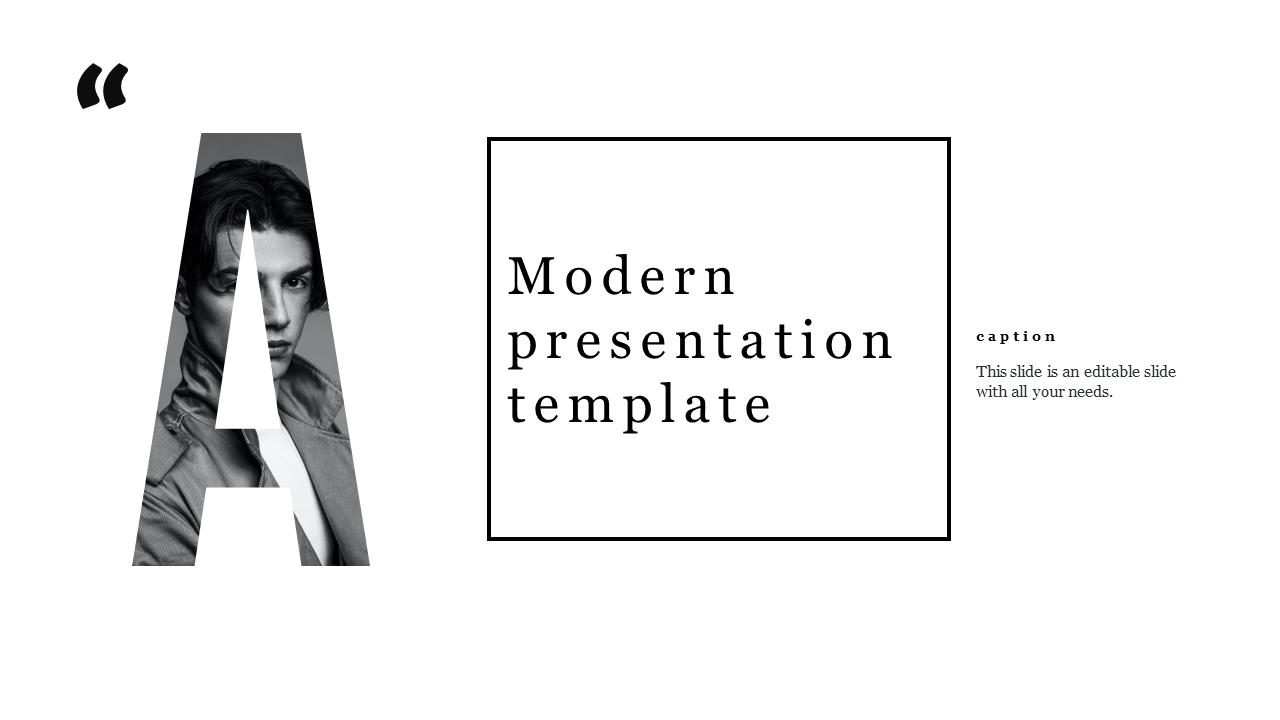 Modern presentation slide featuring a stylish layout with a bold letter A and space for a caption.