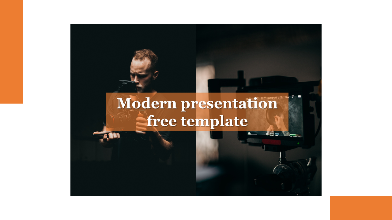 Modern PowerPoint template with vibrant orange text overlaying images of a photographer working with a camera.