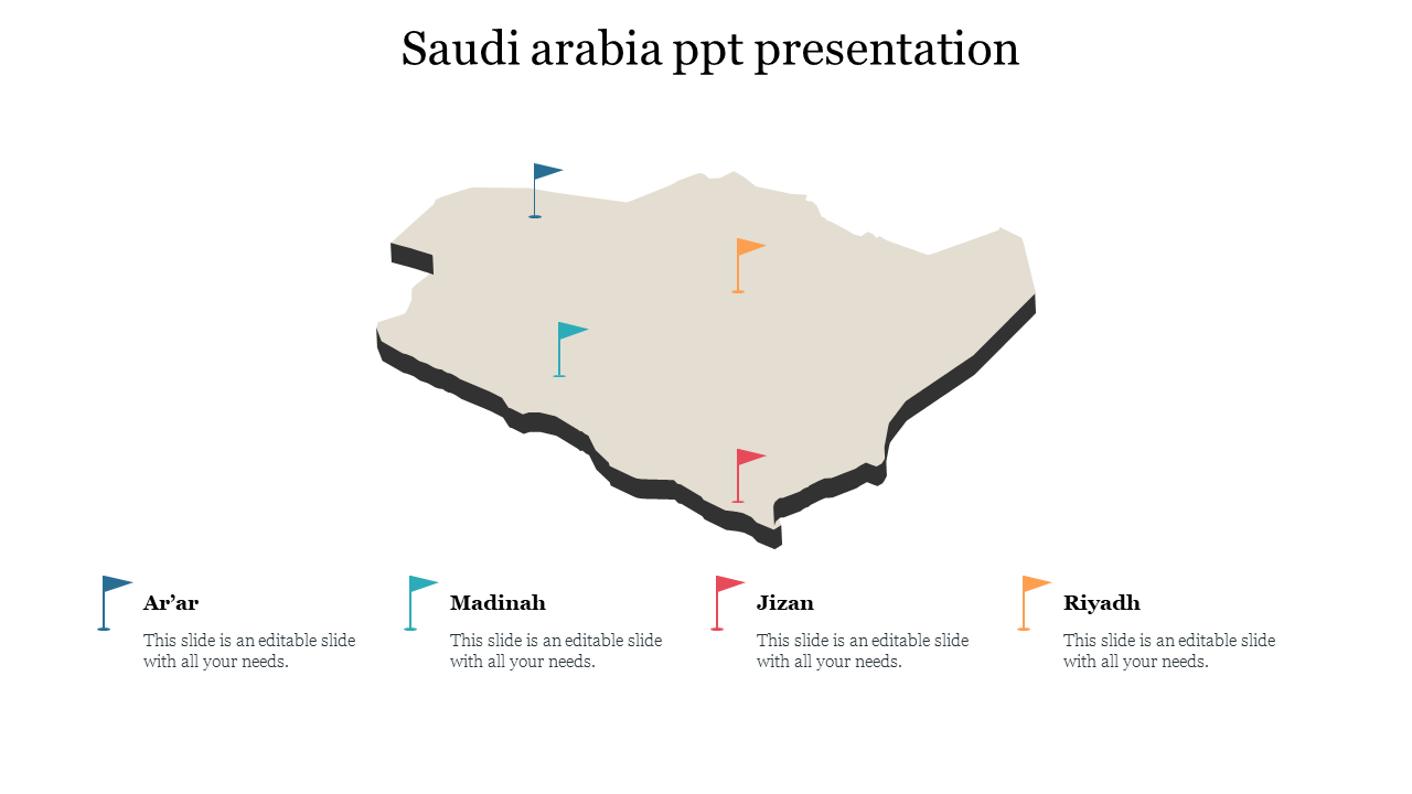 A beige 3D map of Saudi Arabia with four colorful flags marking cities, labeled with text below.