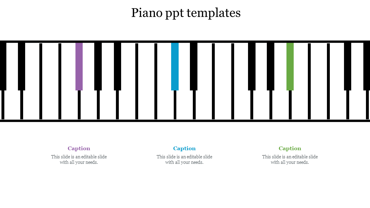 A piano keyboard with colored keys, featuring purple, blue, and green highlights in a horizontal layout.