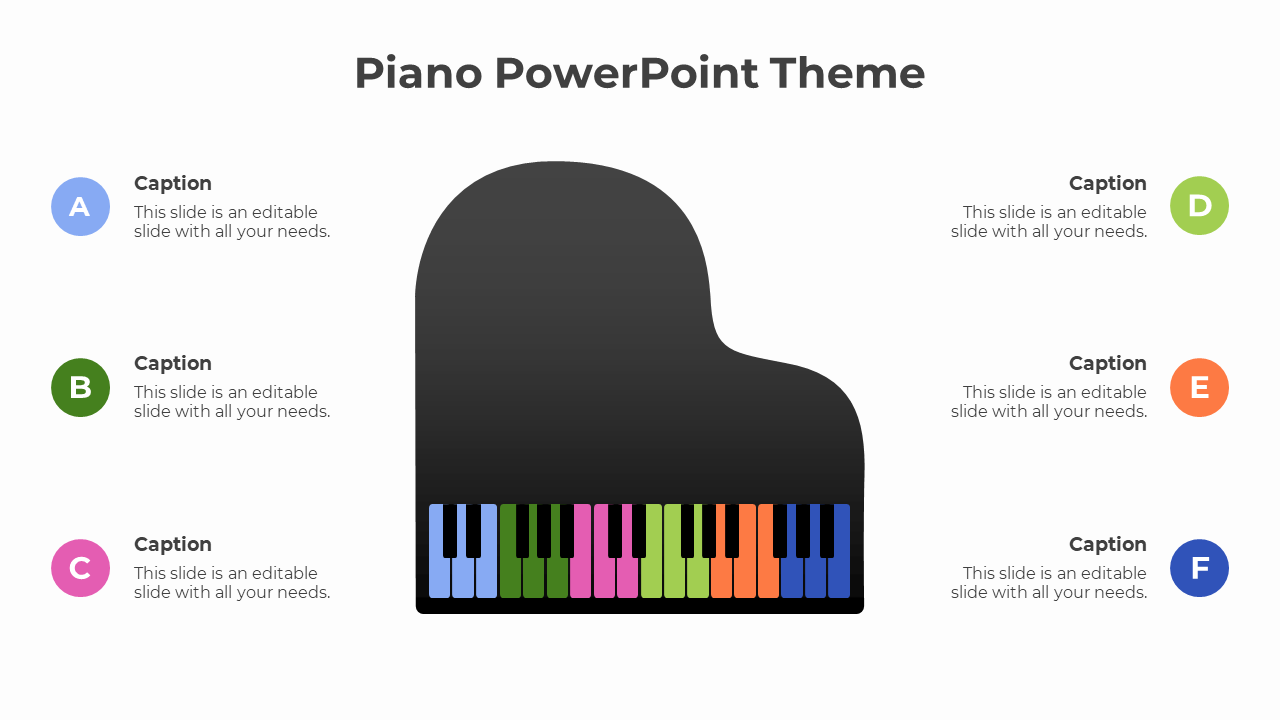 Central black piano graphic with multicolored keys, surrounded by colored text circles on either side.