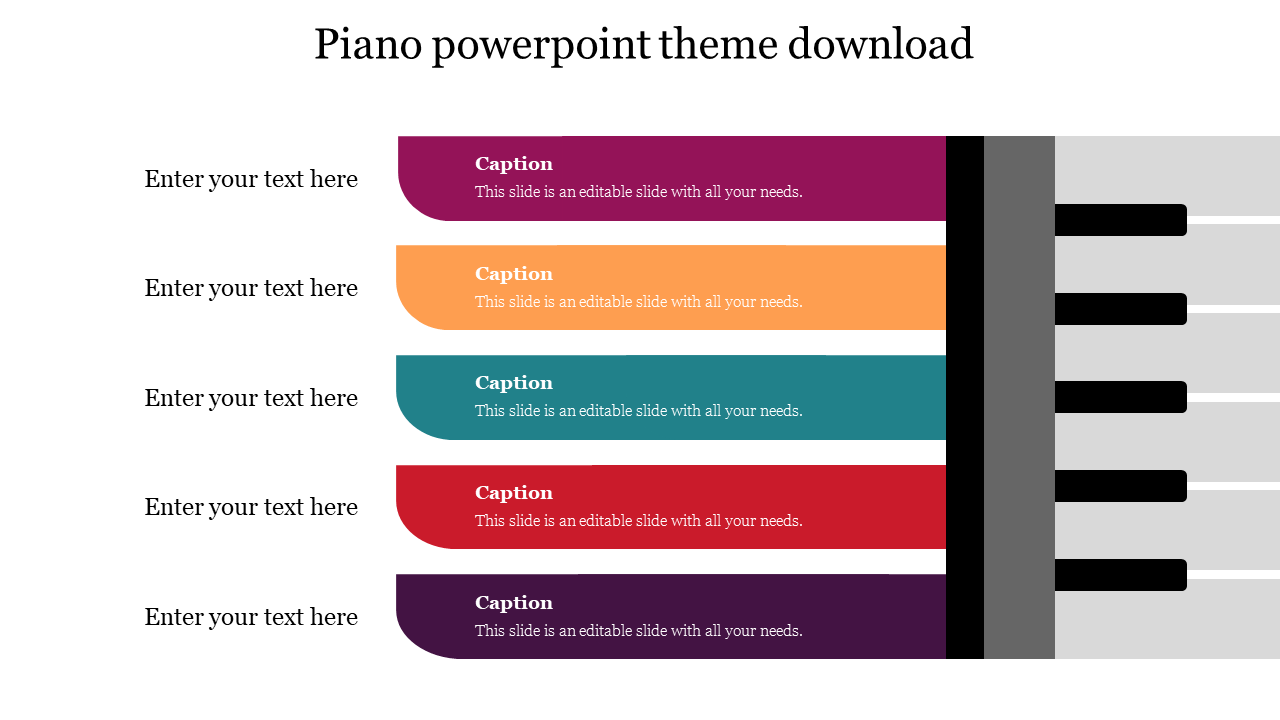 Colorful piano themed PowerPoint slide with text placeholders and vibrant labels aligned with piano keys.