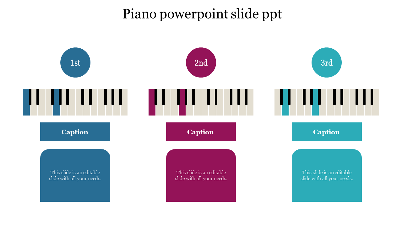 Illustration of three piano keyboard sections with different color backgrounds and captions for a PowerPoint slide.