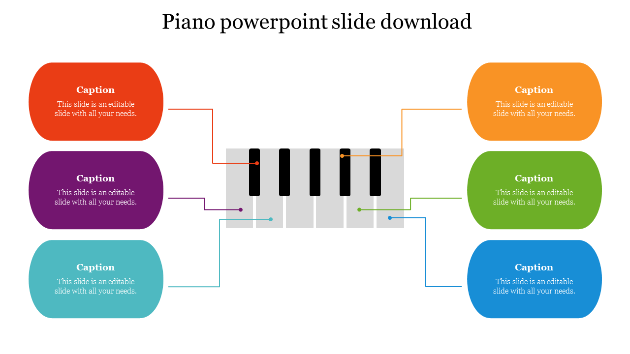 Piano keys in the center with six colorful captions on both sides, connected by lines in matching colors.