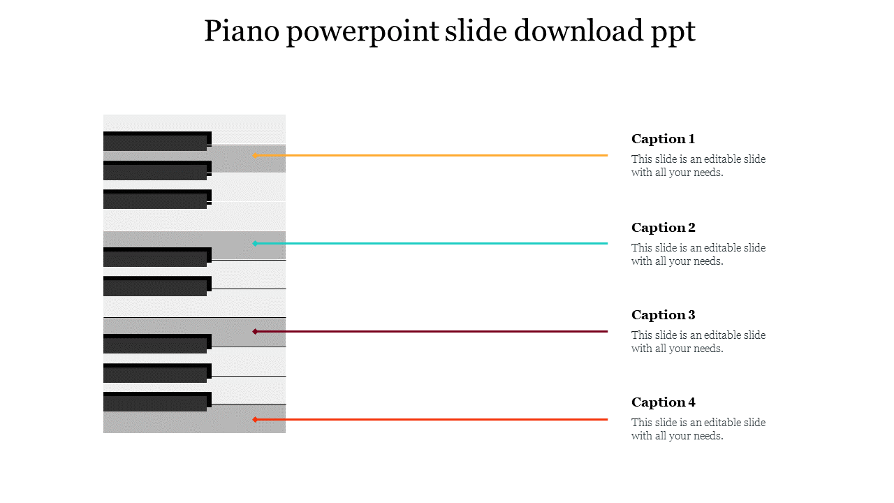 Vertical piano keys on the left, linked to four caption areas with colored lines on a white background layout.