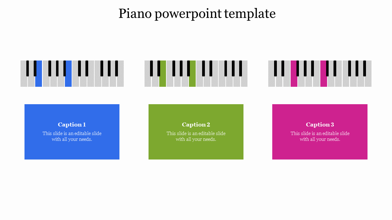 Three piano keyboard visuals in blue, green, and pink with corresponding colored text boxes beneath each.