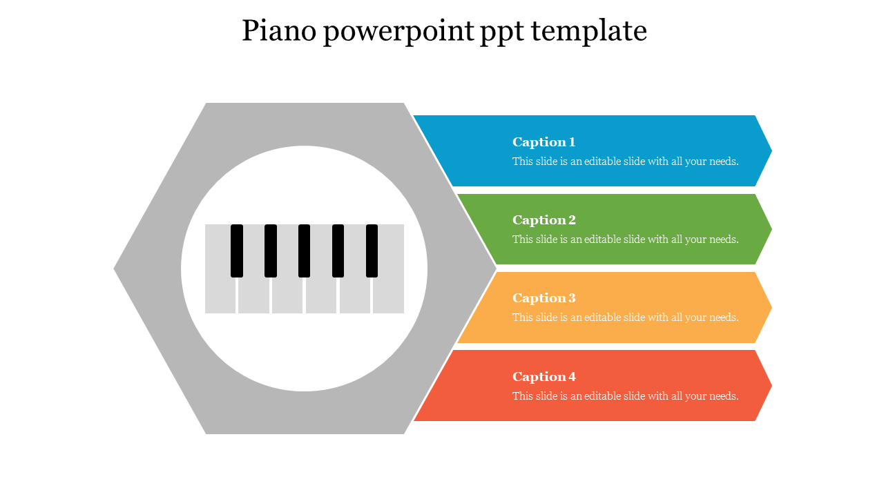 Hexagonal diagram with a piano key illustration at the center, paired with four colorful segments with captions.