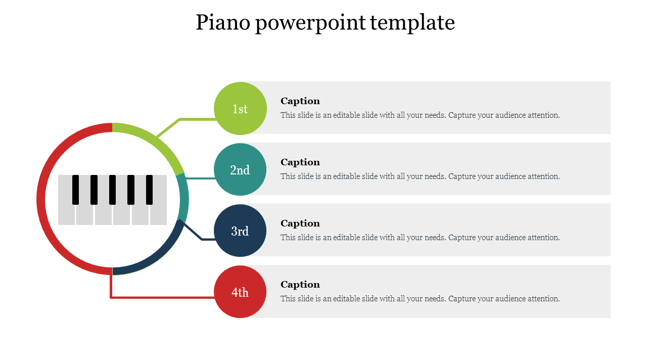 Circular piano key icon connected to four numbered and color-coded sections, with placeholder text areas for descriptions.