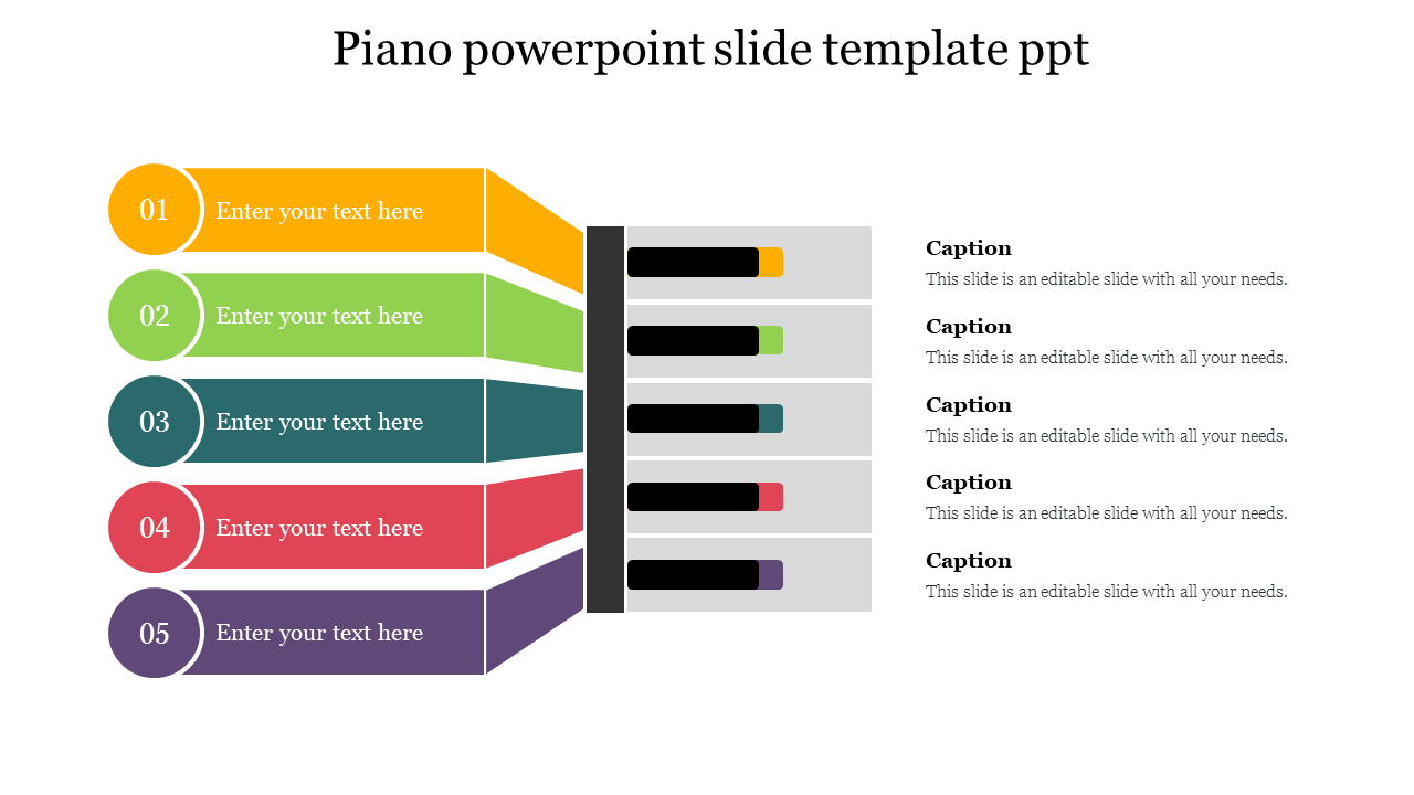 Horizontal layout with colored bars resembling piano keys, each with numbered text box on the left and captions on the right.