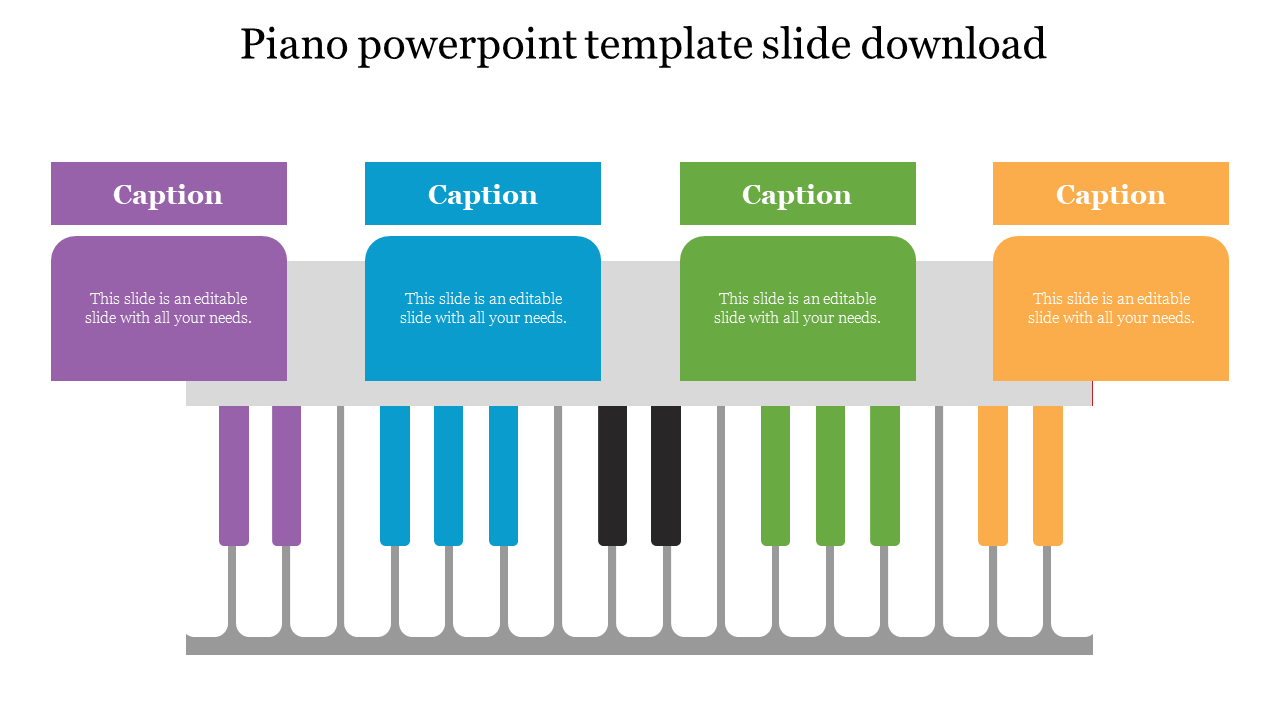 Piano themed slide with colored keys in purple, blue, green, and orange, each linked to matching text boxes above.