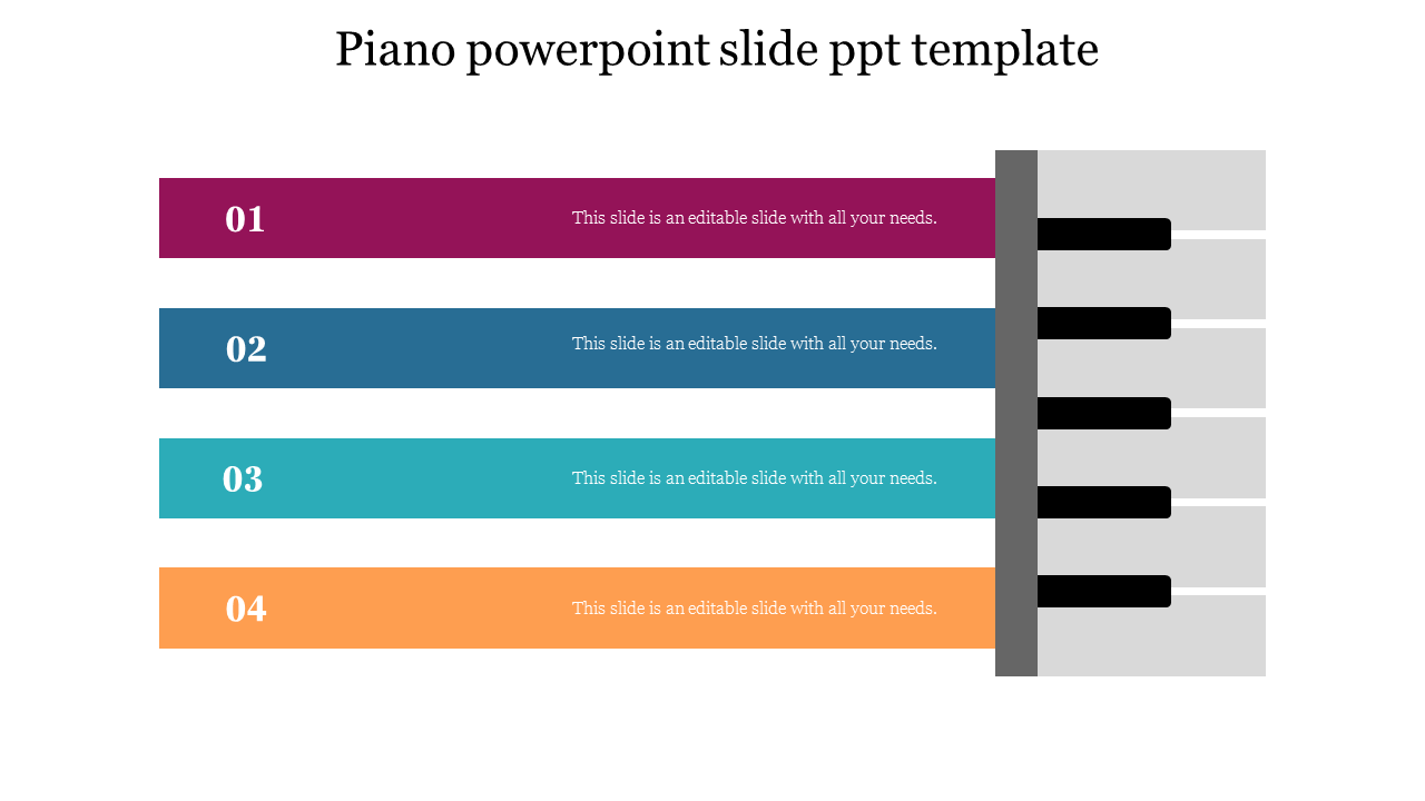 A piano keyboard in grayscale on the right, paired with four vibrant horizontal bars in red, blue, teal, and orange.