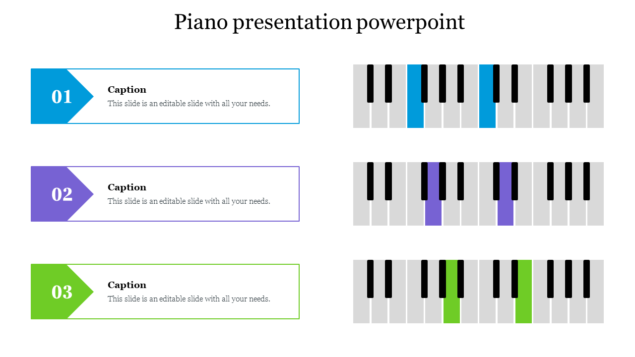 Slide with three colored boxes numbered 01 to 03 beside piano keys highlighted in blue, purple, and green.