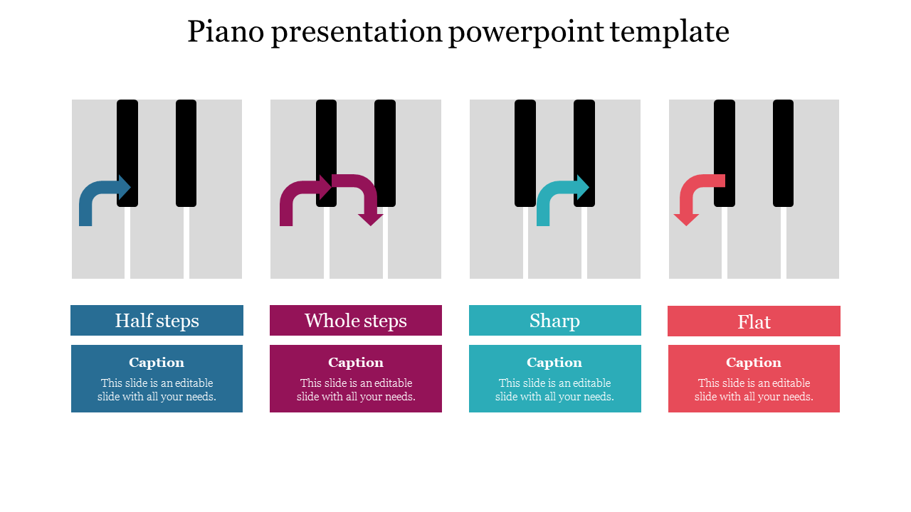 Four sets of piano keys with arrows showing musical step movements, colored in blue, pink, teal, and red.