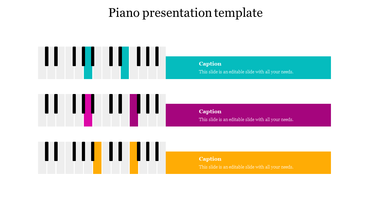 Three rows of piano keys with colored highlights in teal, magenta, and orange, each with a matching caption box.