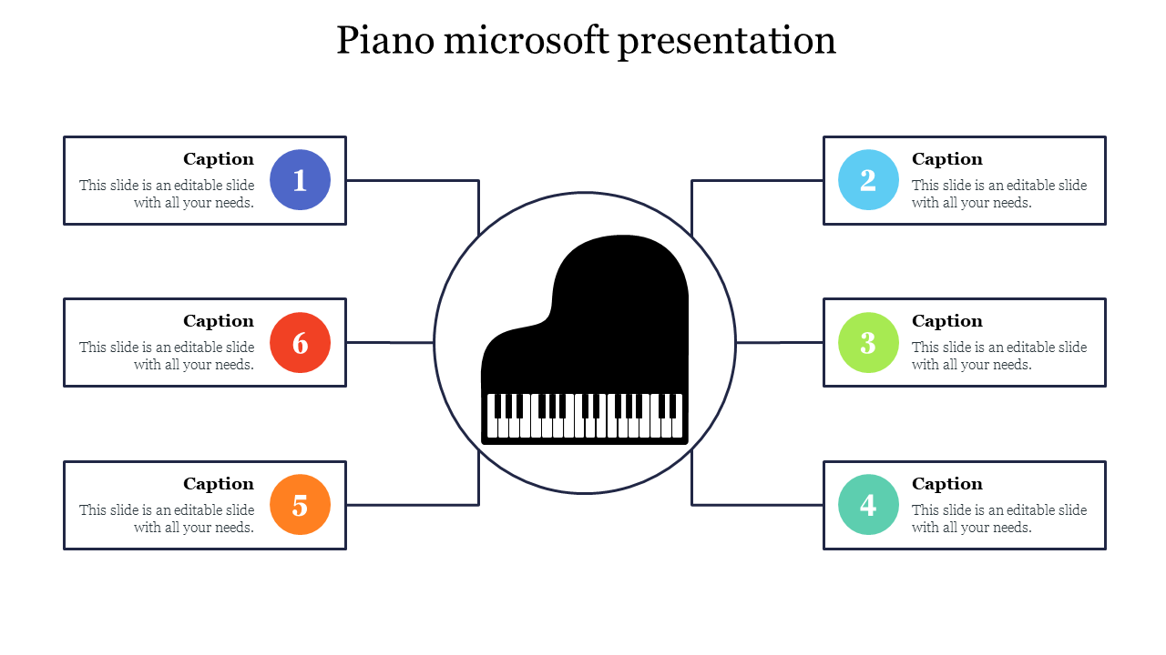 Piano-themed presentation slide featuring a central piano icon with six captions arranged around it.