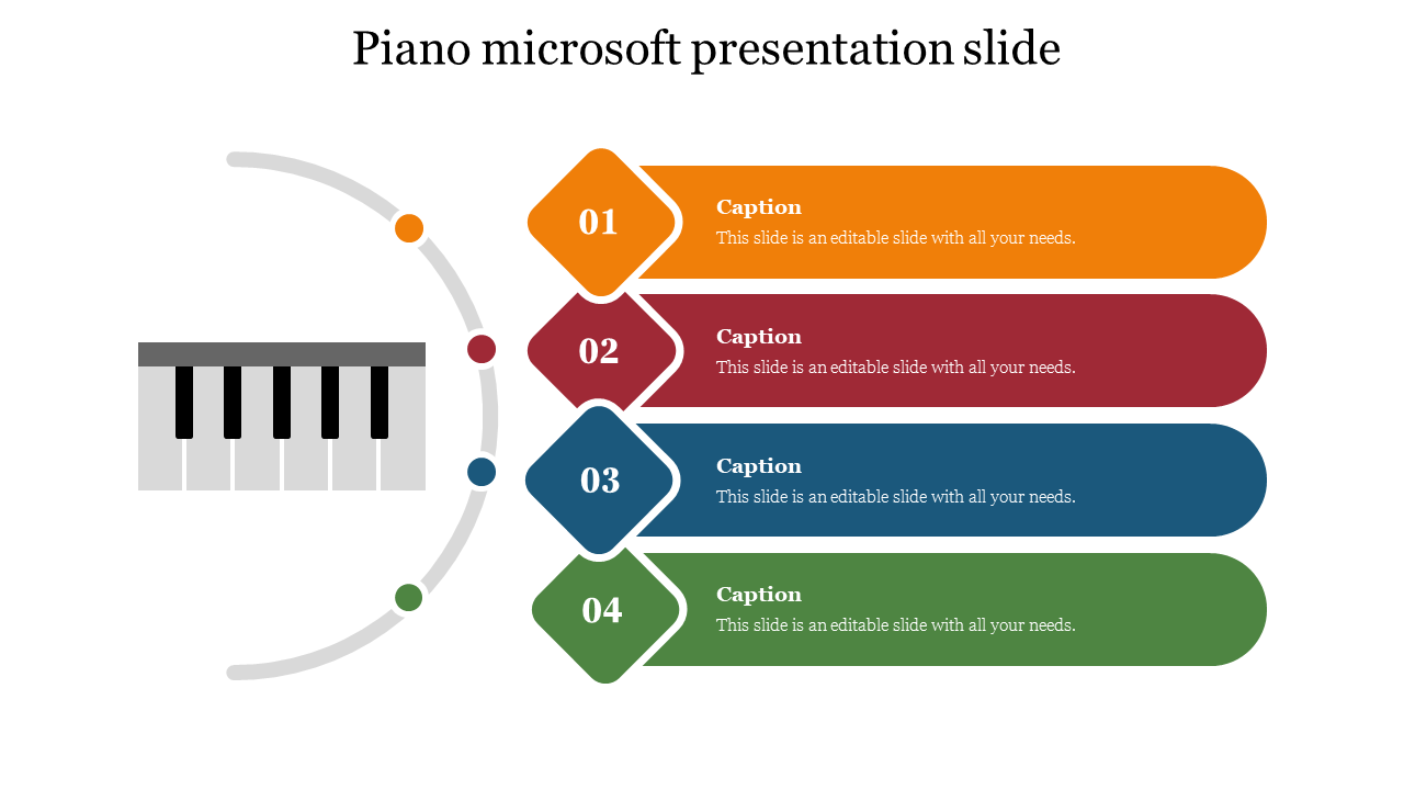 Piano-themed presentation slide with a keyboard illustration on the left and four colorful text blocks connected in sequence.