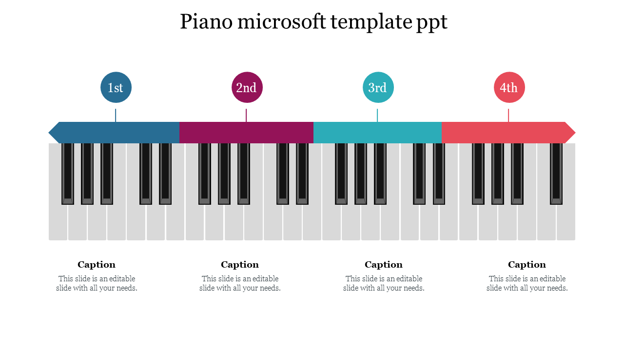 Piano themed PPT template with colored sections labeled 1st, 2nd, 3rd, and 4th, placed over piano keys on a white backdrop.