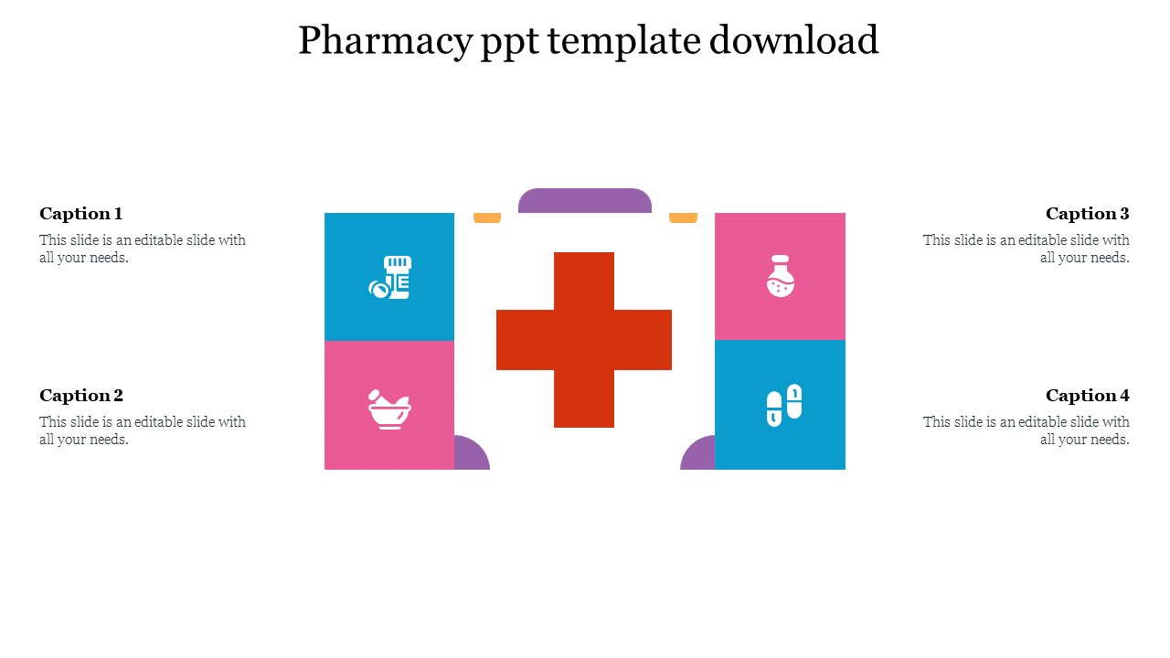 Pharmacy template with a prominent red cross in the middle and four colorful boxes containing pharmaceutical -related icons.