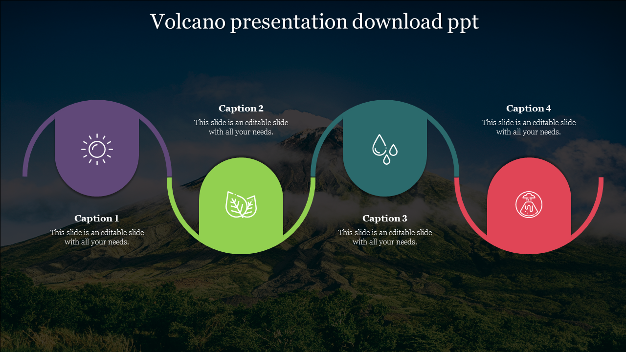 Volcano slide with purple, green, blue, and red circular icons connected in a flowing line on a scenic background.