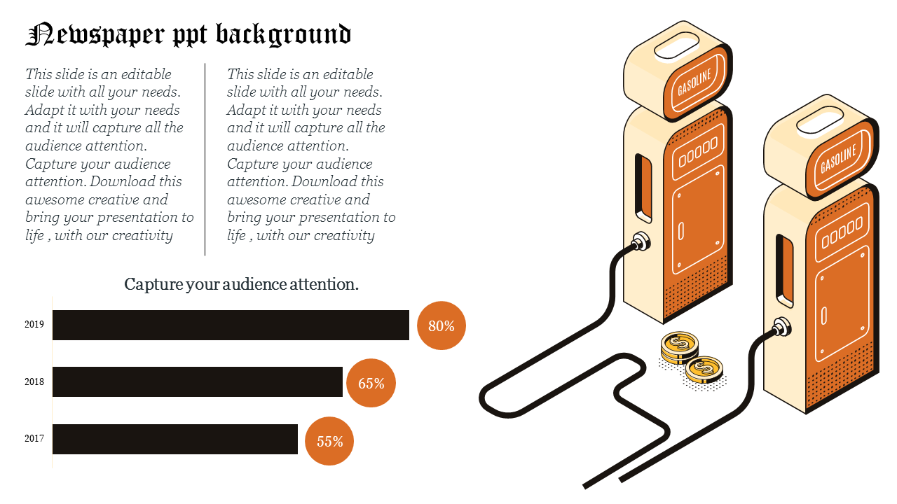 Newspaper-themed slide featuring vintage typography, two gasoline pumps illustration, and a bar chart comparing percentages.