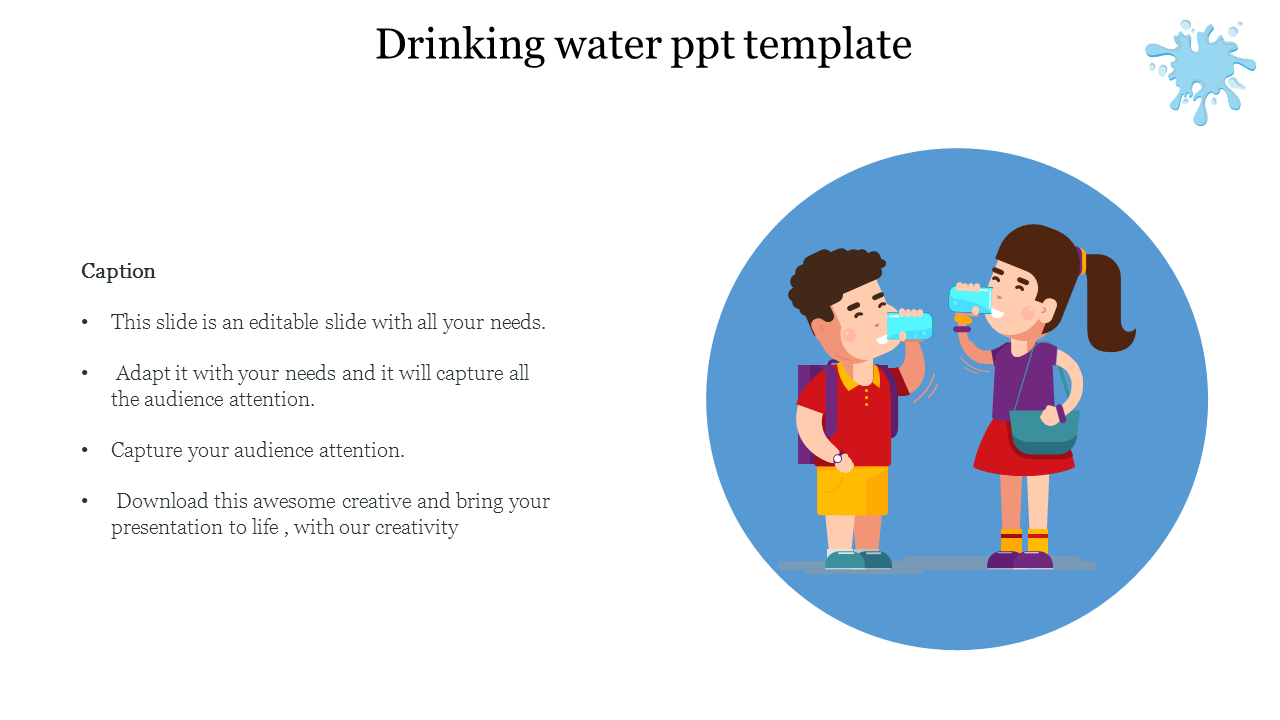 Slide featuring two animated children drinking water, set against a blue circular background, with text and bullet points.