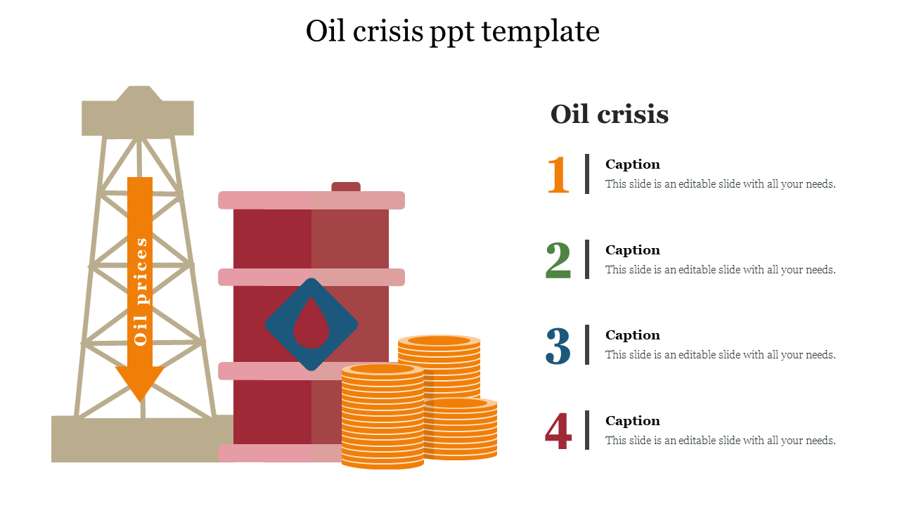 Oil crisis-themed slide featuring an oil rig with a down arrow, an oil barrel, and coins, with four numbered caption areas.